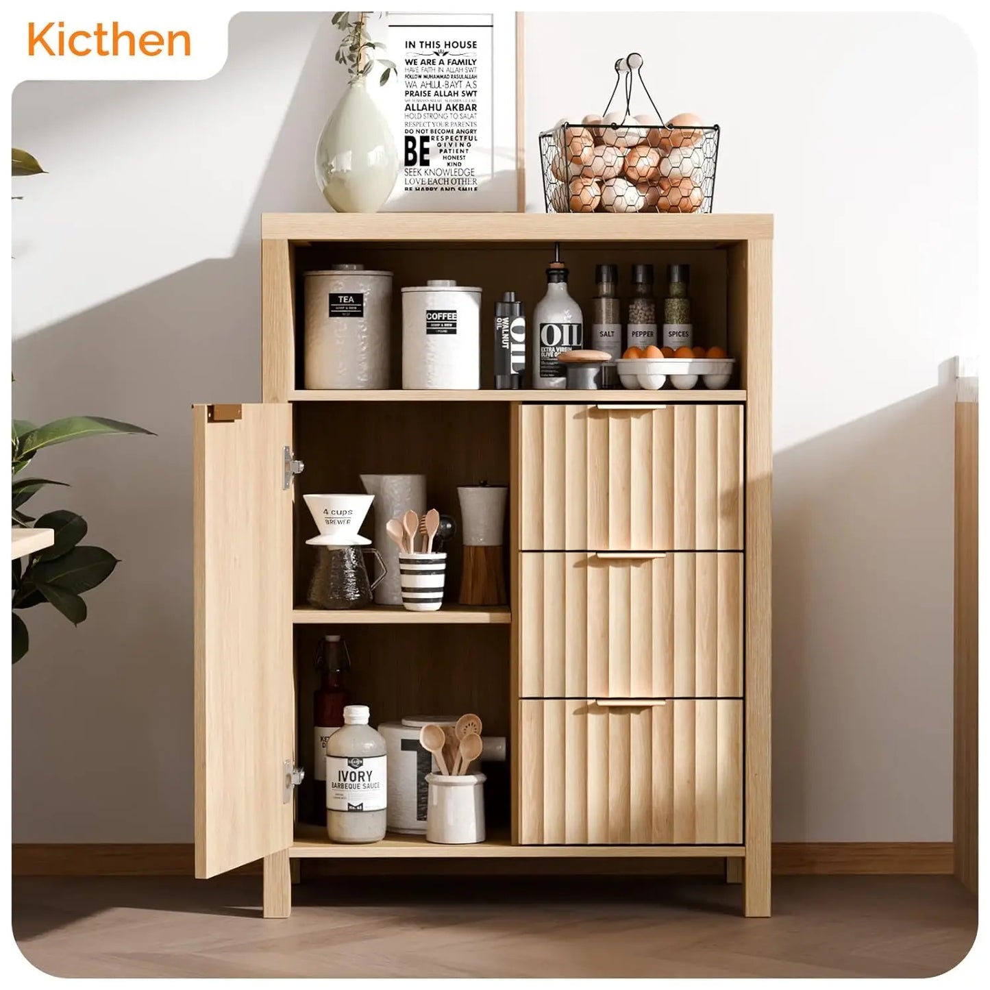Storage Cabinet with Fluted Door and 3 Drawers
