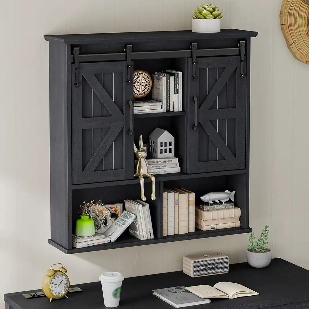 Vintage Wooden Wall-Mounted Medicine Cabinet with Double Sliding Barn Doors and Adjustable Shelves