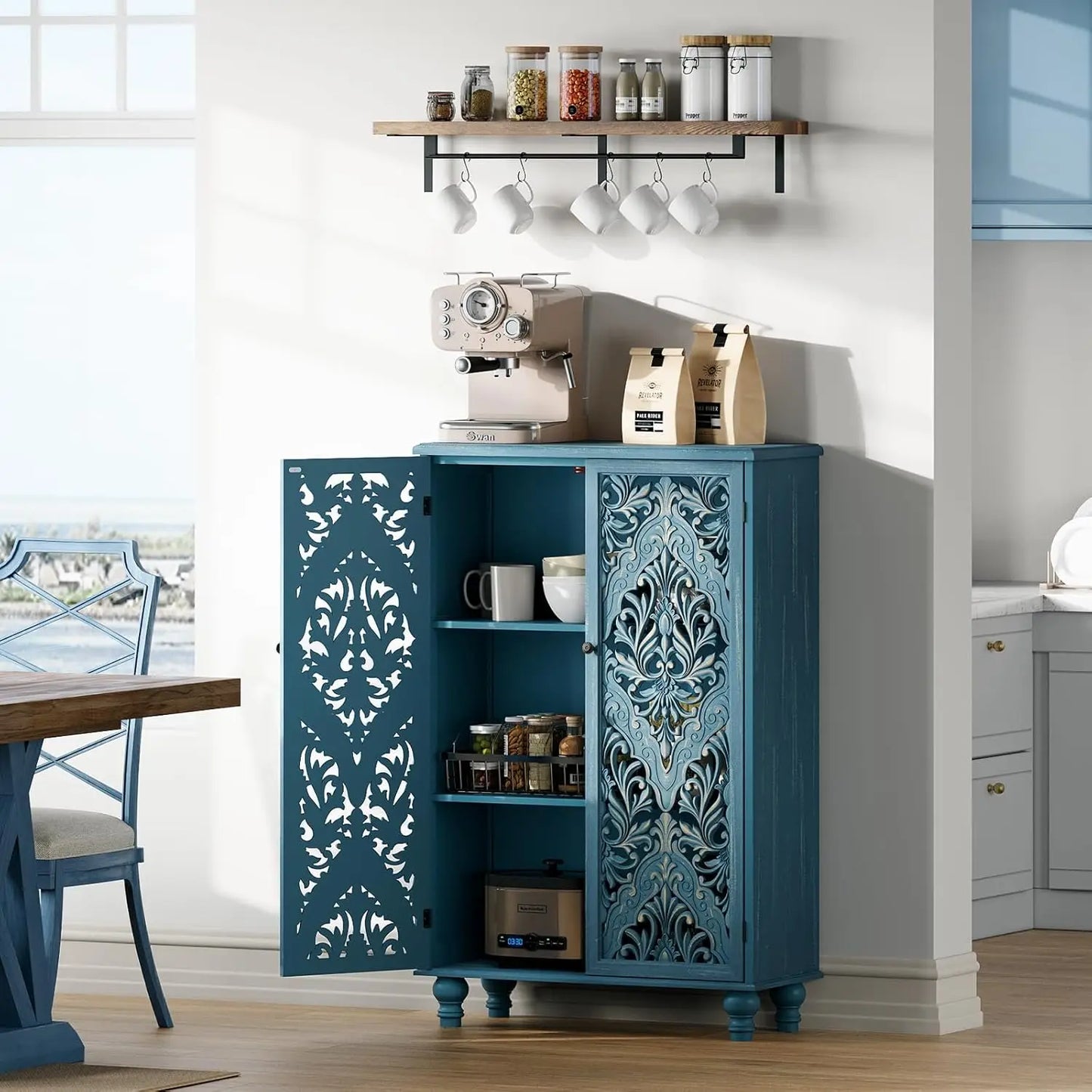 47" Tall Accent Cabinet with Navy Blue Mandala Carved Doors