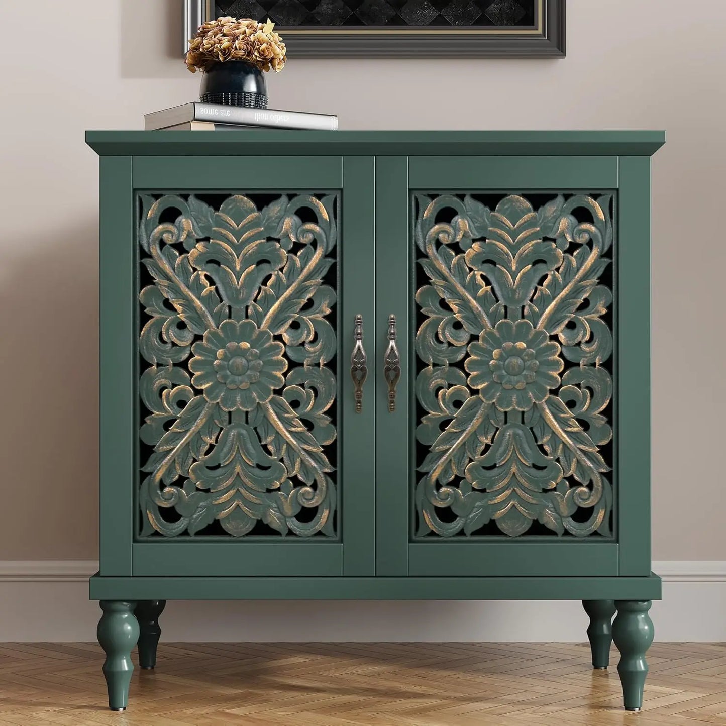 Accent Cabinet with 2 Doors, Vintage Carved Wood Storage Cabinet