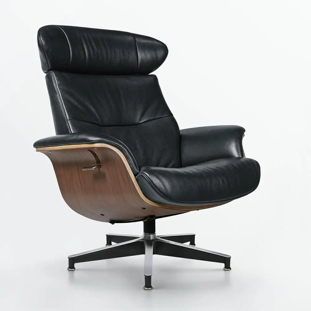 Modern Reclining Swivel Lounge Chair Walnut Black Genuine leather Ottoman include