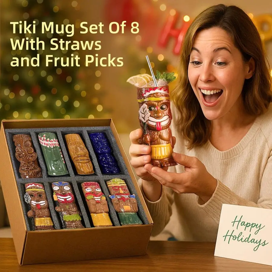 Tiki Mugs Set Of 8 Exotic Frosted Mug With 8 pack Straws