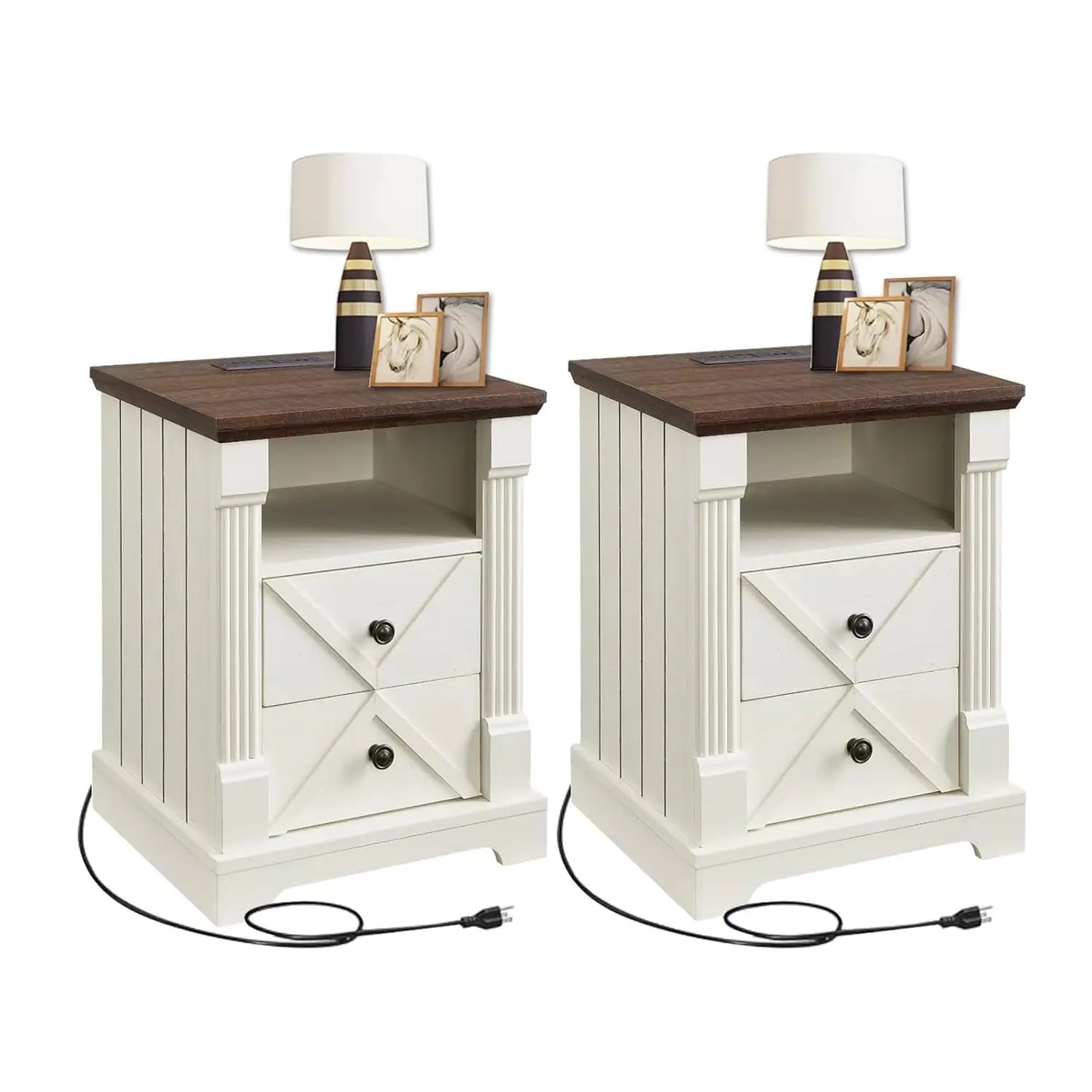 Farmhouse Night Stand with Charging Station set of 2, 18" Wide