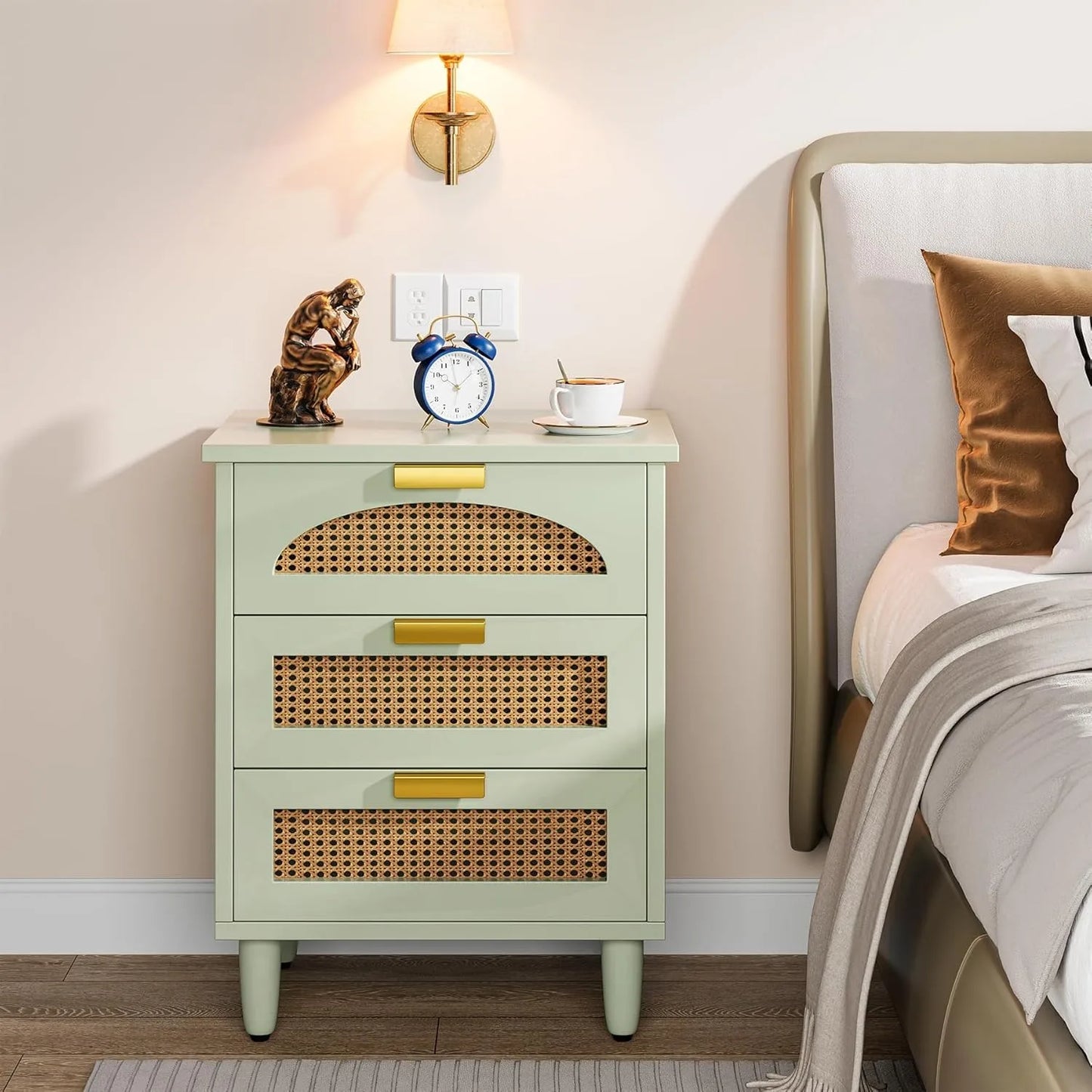 Mint Green Nightstand, 3-Drawer Rattan
