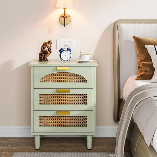Mint Green Nightstand, 3-Drawer Rattan