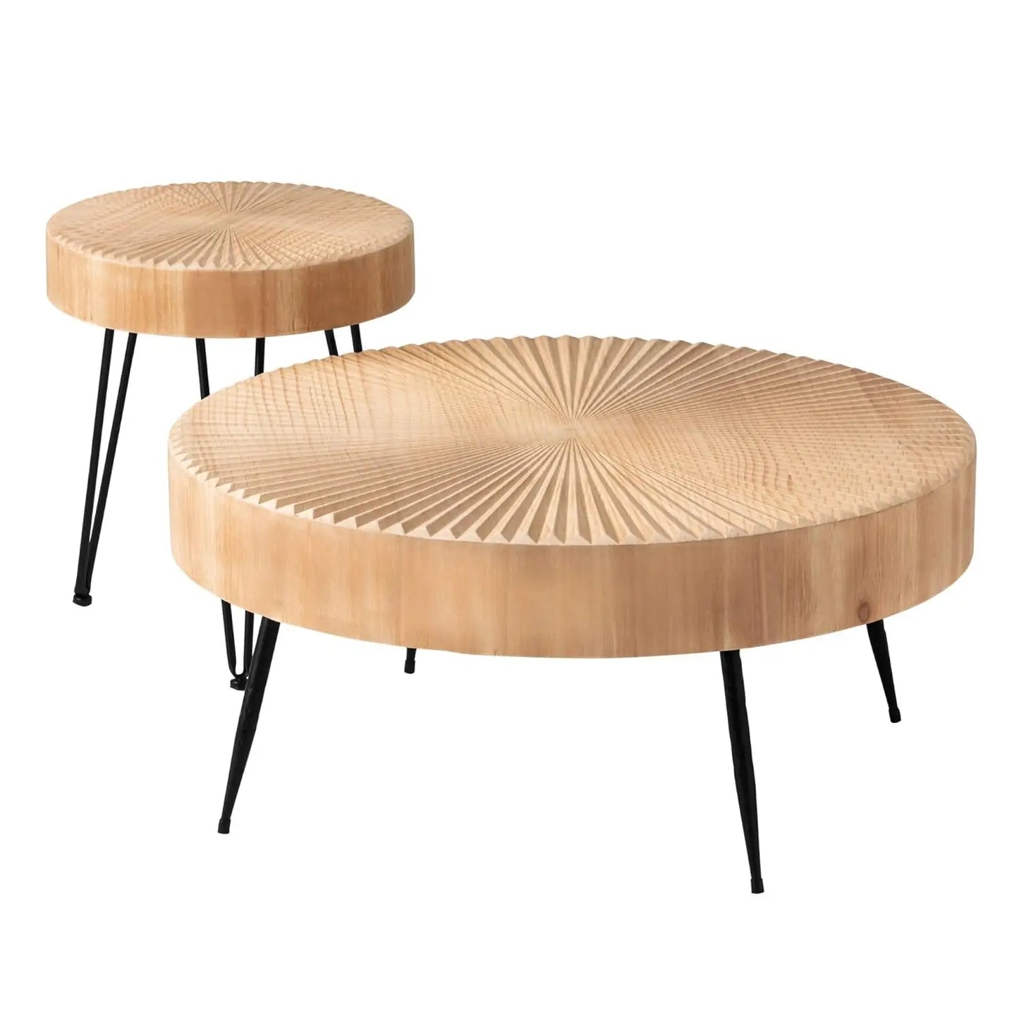 2-Piece Round Nesting Coffee Table Set, Natural Wood Top with Black Metal Legs