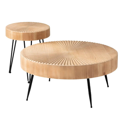 2-Piece Round Nesting Coffee Table Set, Natural Wood Top with Black Metal Legs