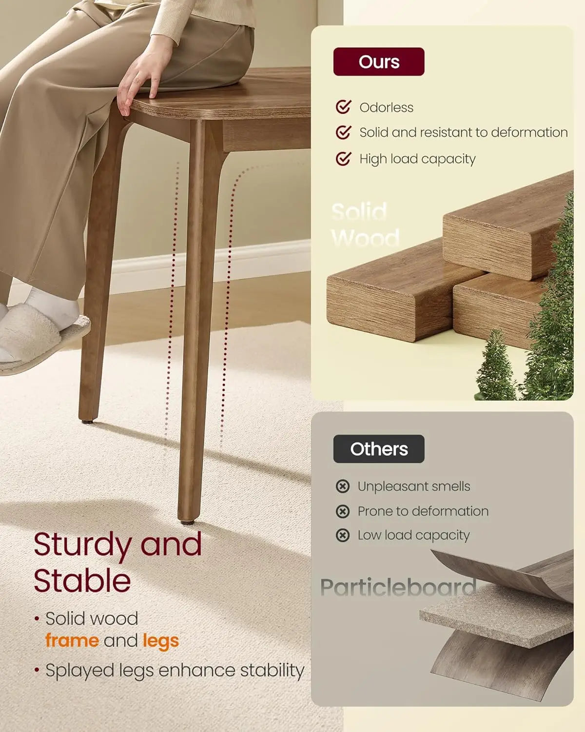 Extendable Dining Table for 4/6/8 People, Kitchen Table with Tapered Legs and Curved Design, Honey Brown Finish
