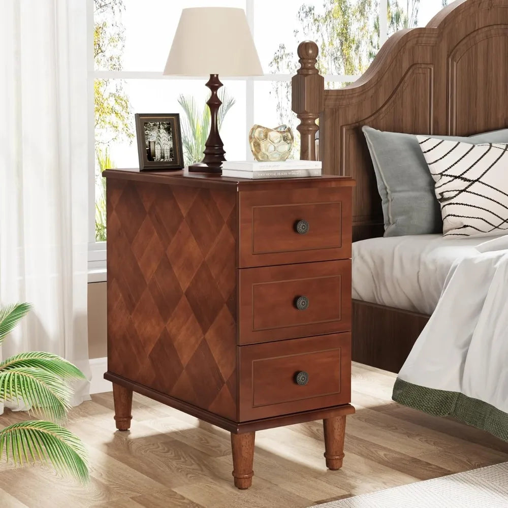 Fully Assembled End Table, Narrow Side Table with 3 Drawers