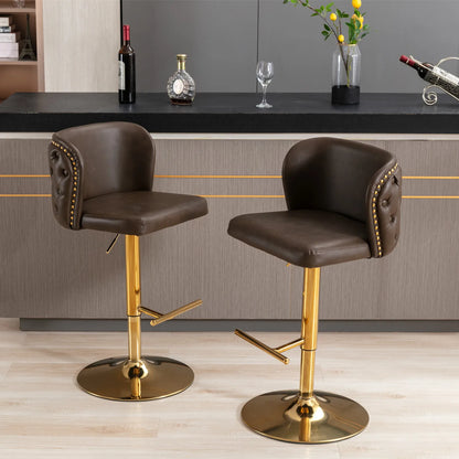 2 Piece Swivel Bar Chairs PU Upholstered Counter Stools with Gold Nailheads and Base Adjustable Height 25" to 33" Barstools