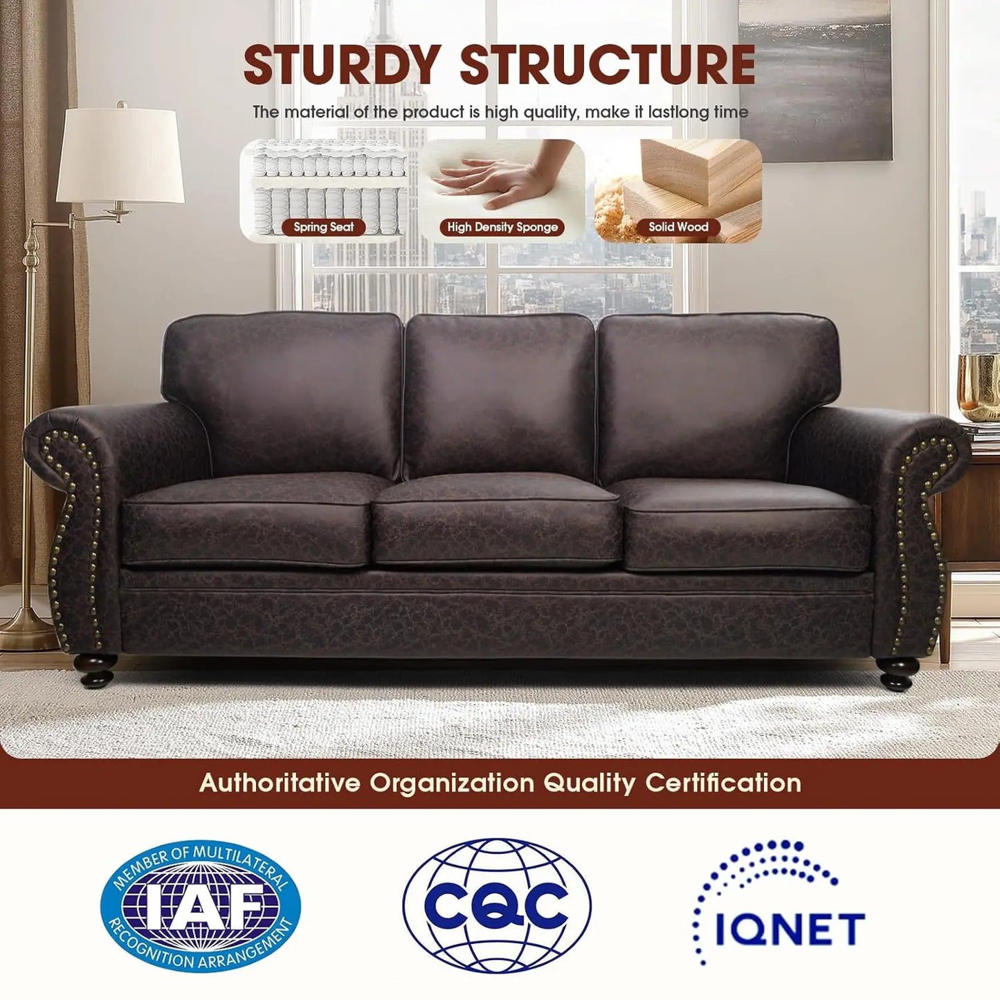Mid-Century Vintage 3-Seater Sofa Couch Rivet Design Upholstered Cushions with Removable Cover Customized Living Room Furniture