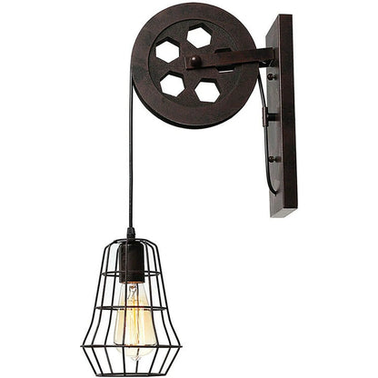 Industrial Wall Sconce Lights Lift Pulley Vintage Farmhouse Mid Century Wall Light with Iron Cage Lampshade for Indoor Lighting