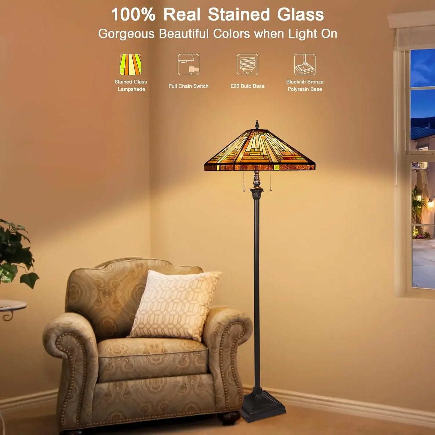 Tiffany Lamp, Stained Glass Floor Lamp 2-Light 16X16X63 Inches Amber Brown