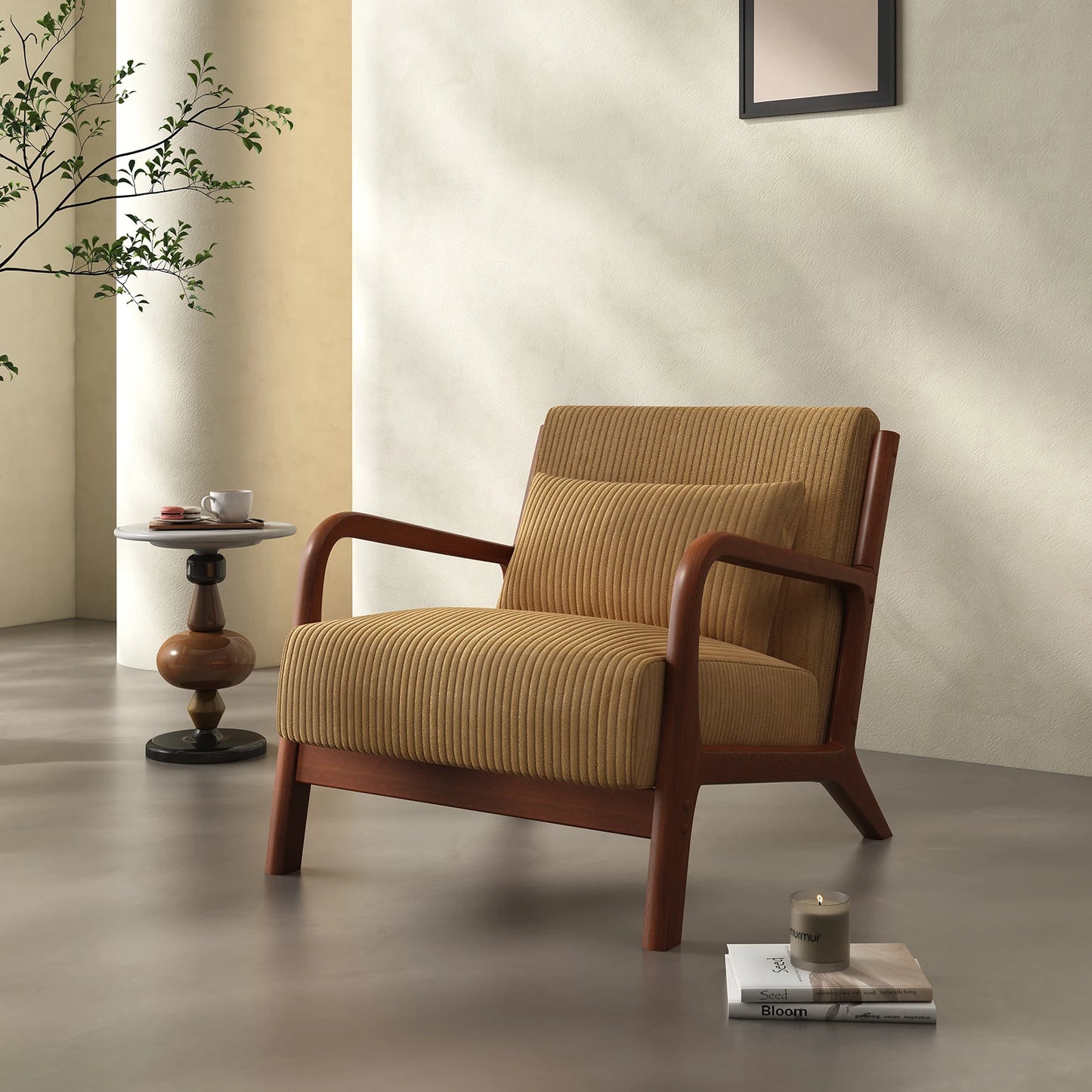 Mid Century Modern Accent Chair, Comfy Fabric Reading Chair with Solid Wood Frame