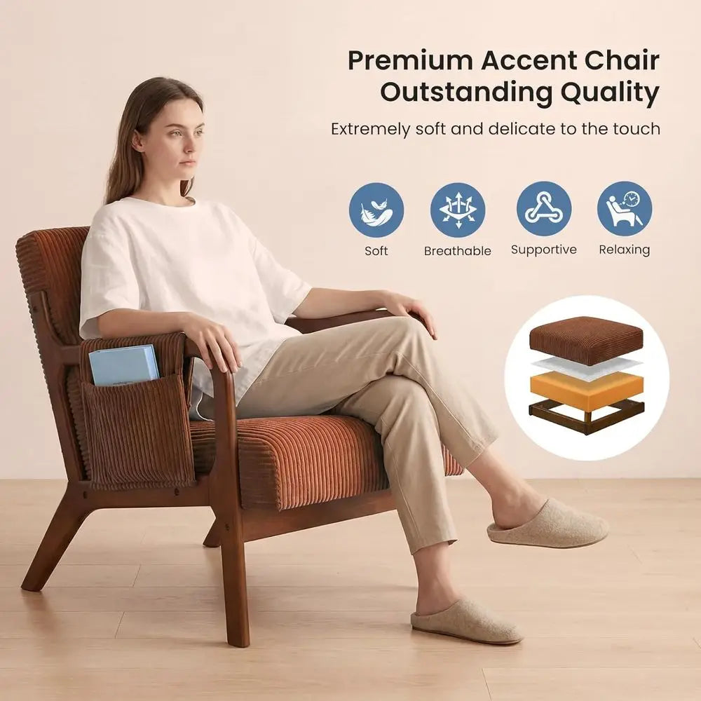Upholstered Armchair with Lumbar Pillow and Solid Wood