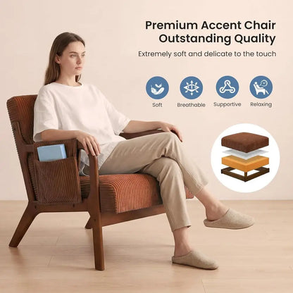 Upholstered Armchair with Lumbar Pillow and Solid Wood