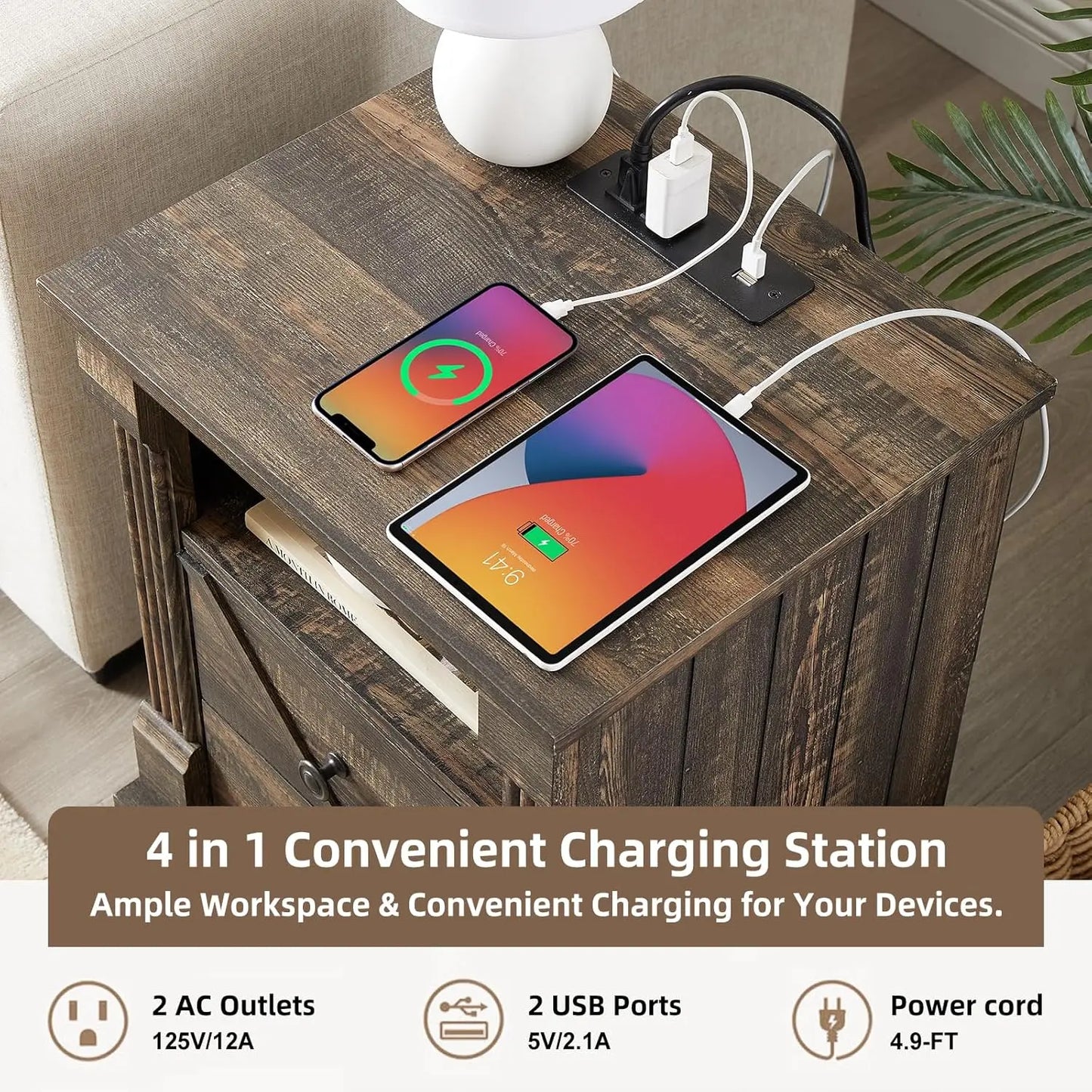 Farmhouse Night Stand with Charging Station set of 2, 18" Wide