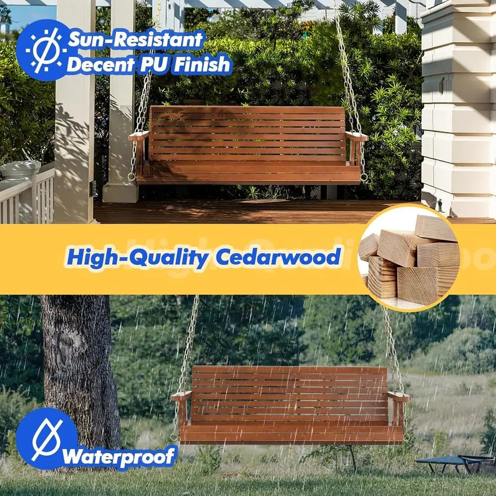 Heavy-Duty 880lbs Wooden Porch Swing with Hanging Chains for Courtyard and Garden (Brown)