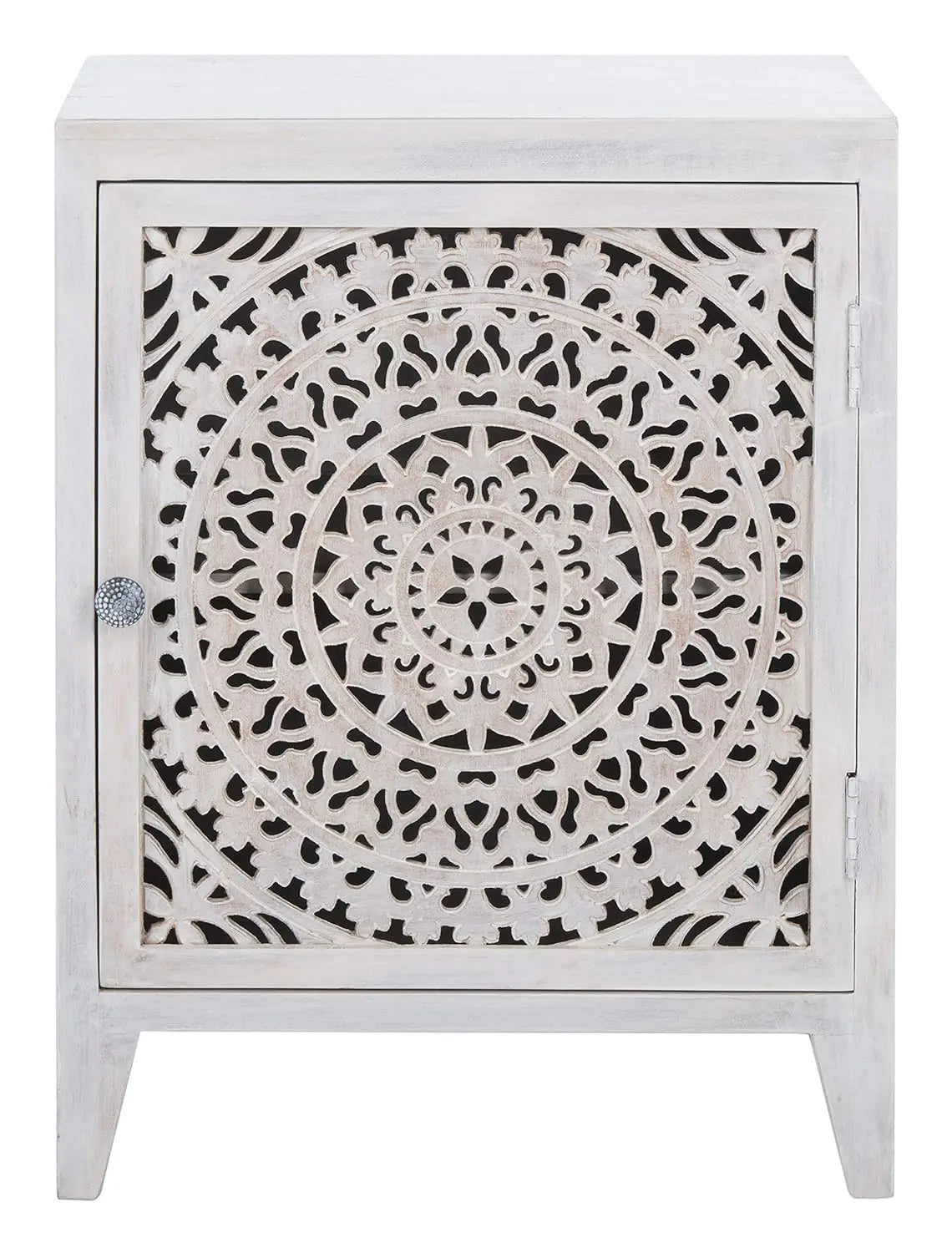 Thea Brown Carved Mandala 1-Door Storage Nightstand, Fully Assembled, Boho Accent Side Table