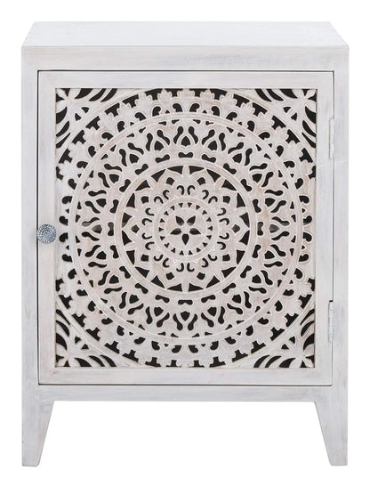 Thea Brown Carved Mandala 1-Door Storage Nightstand, Fully Assembled, Boho Accent Side Table