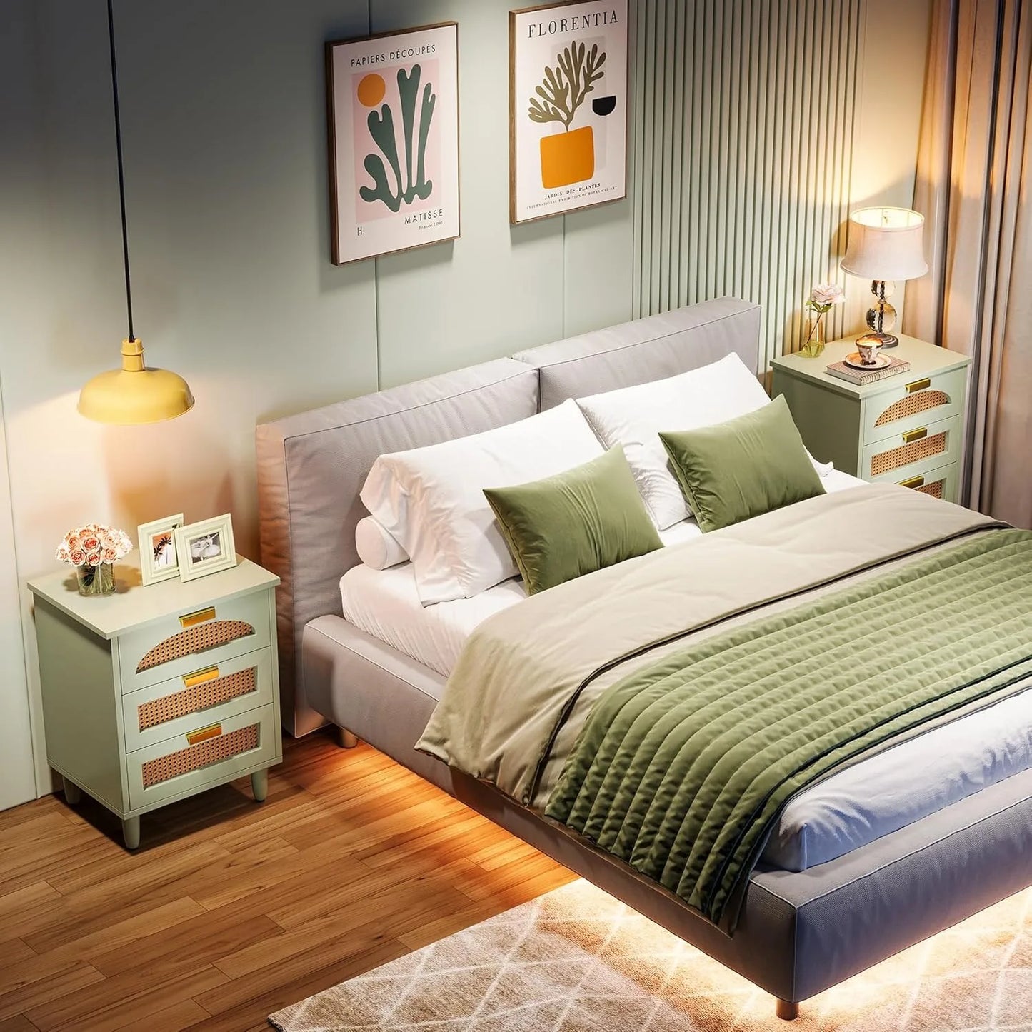 Mint Green Nightstand, 3-Drawer Rattan