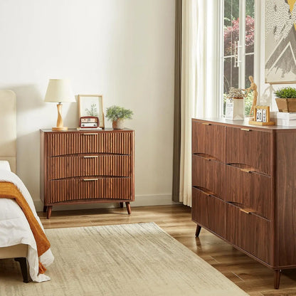 Oversized Nightstands Set of 2 31.5\" Walnut Fluted Tall Large 3 Drawer