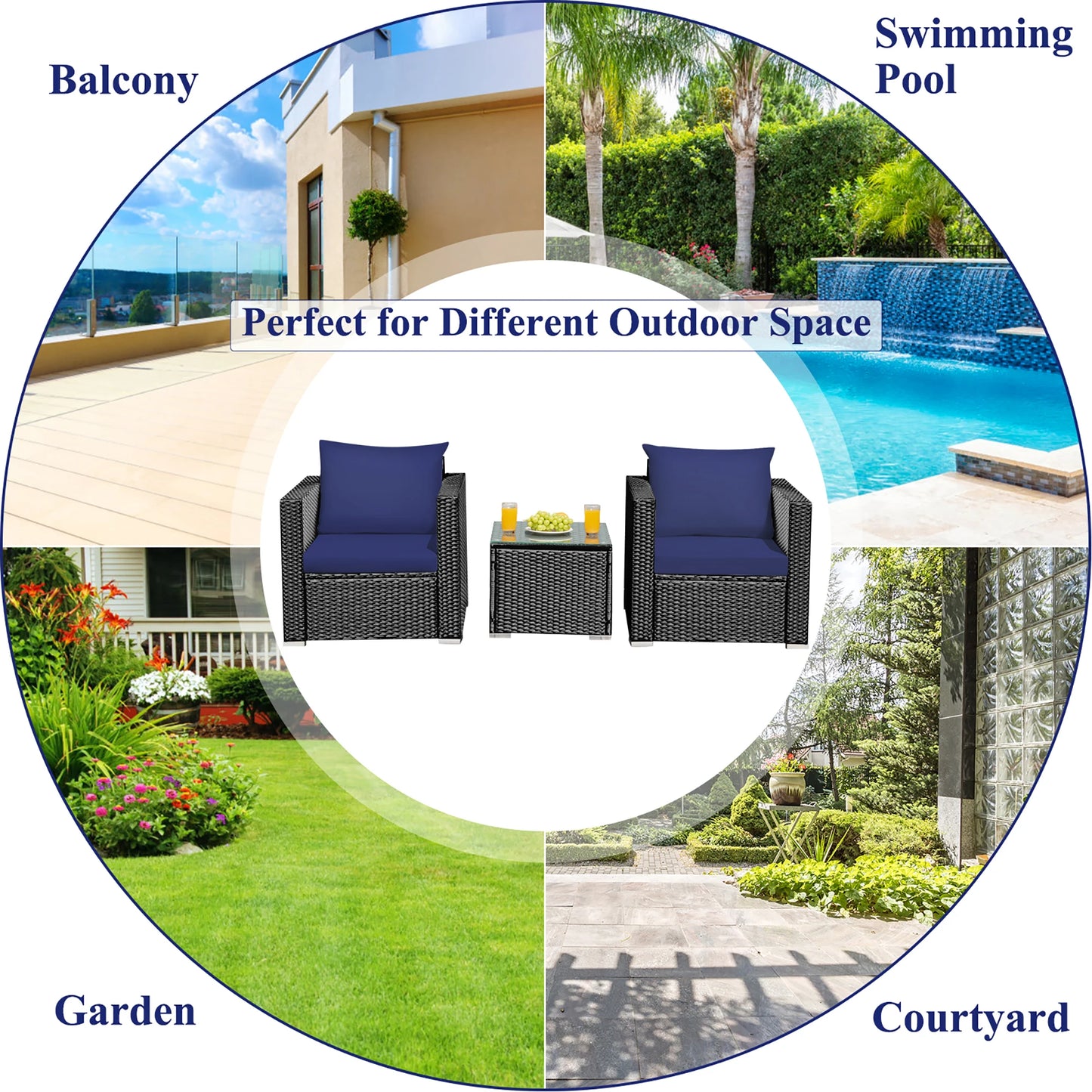 3PCS Patio Rattan Wicker Furniture Set Sofa Table W/Cushion Yard Navy