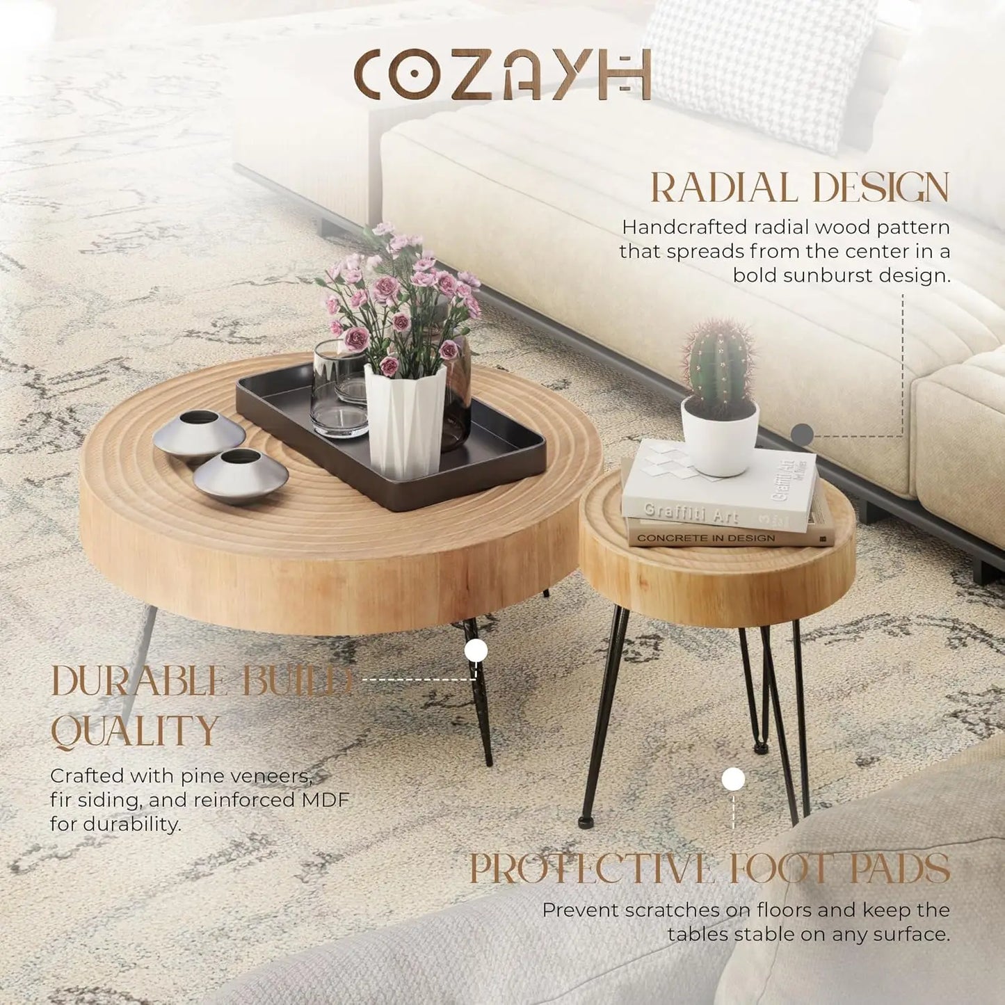 2-Piece Round Nesting Coffee Table Set, Natural Wood Top with Black Metal Legs