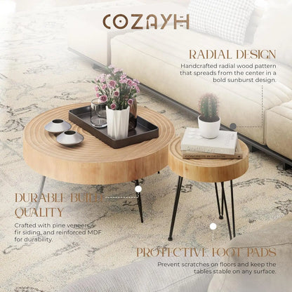 2-Piece Round Nesting Coffee Table Set, Natural Wood Top with Black Metal Legs