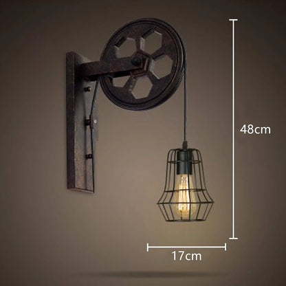 Industrial Wall Sconce Lights Lift Pulley Vintage Farmhouse Mid Century Wall Light with Iron Cage Lampshade for Indoor Lighting