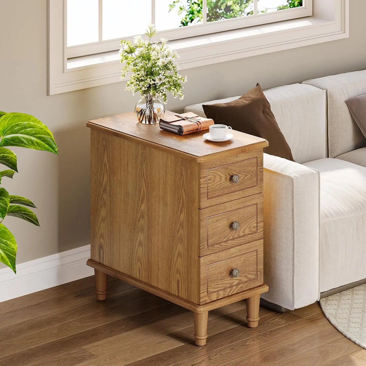 Fully Assembled End Table, Narrow Side Table with 3 Drawers