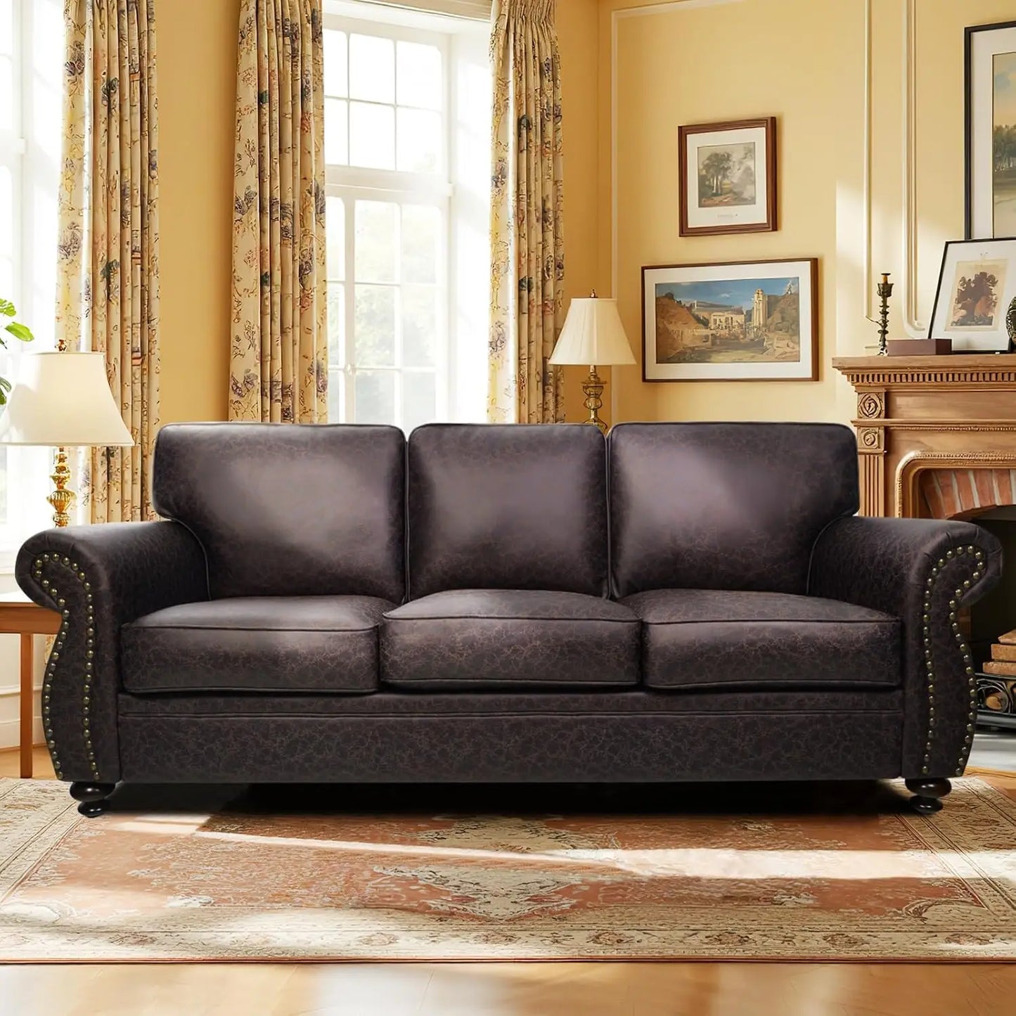 Mid-Century Vintage 3-Seater Sofa Rivet Design Removable Cover Upholstered Cushions