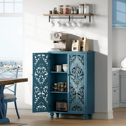 47" Tall Accent Cabinet with Navy Blue Mandala Carved Doors