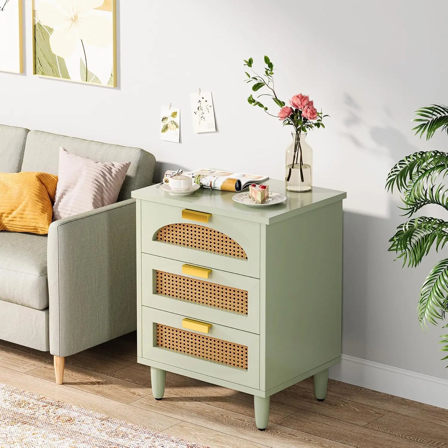 Mint Green Nightstand, 3-Drawer Rattan
