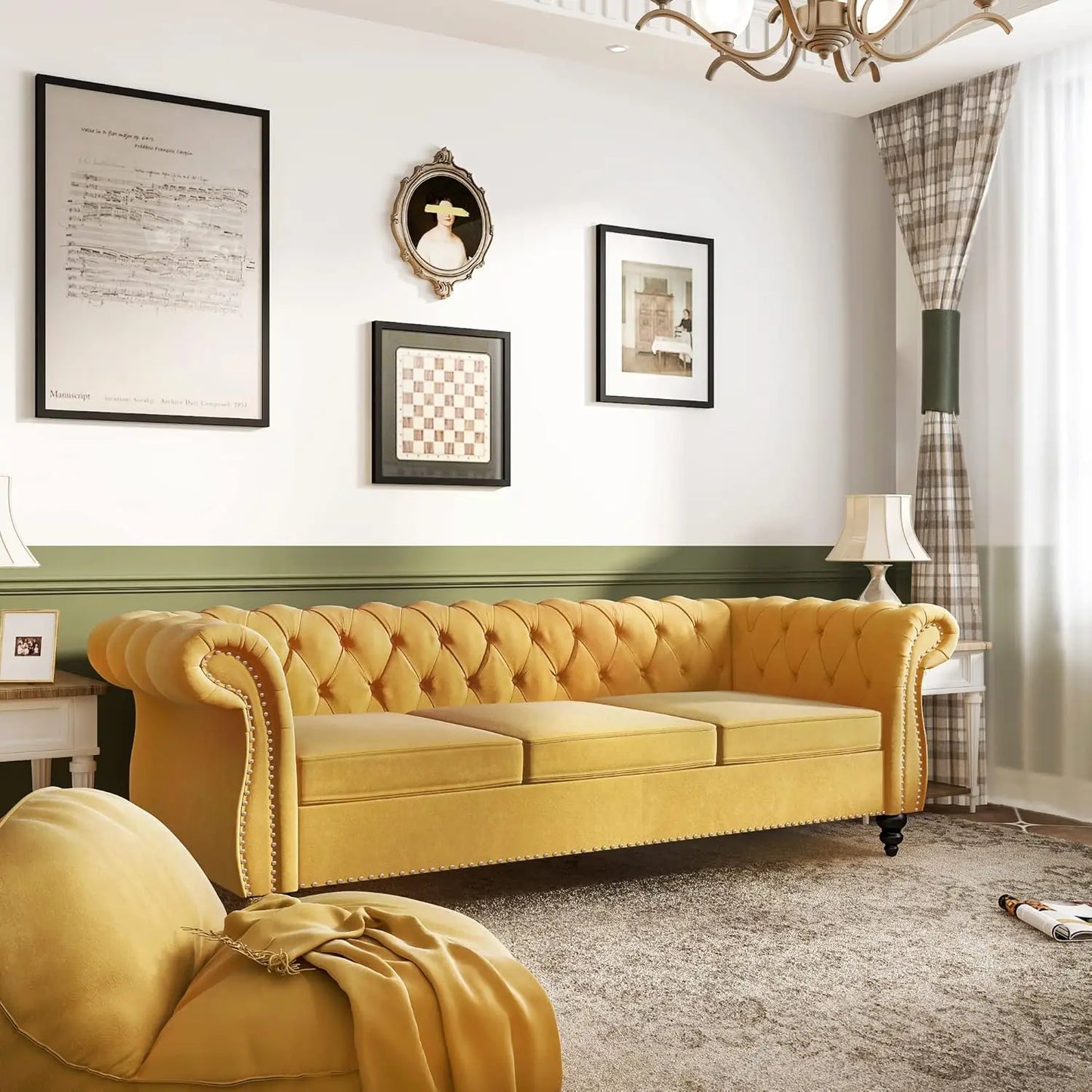 Roll Arm Classic Tufted Chesterfield Settee Velvet Sofa with Channel