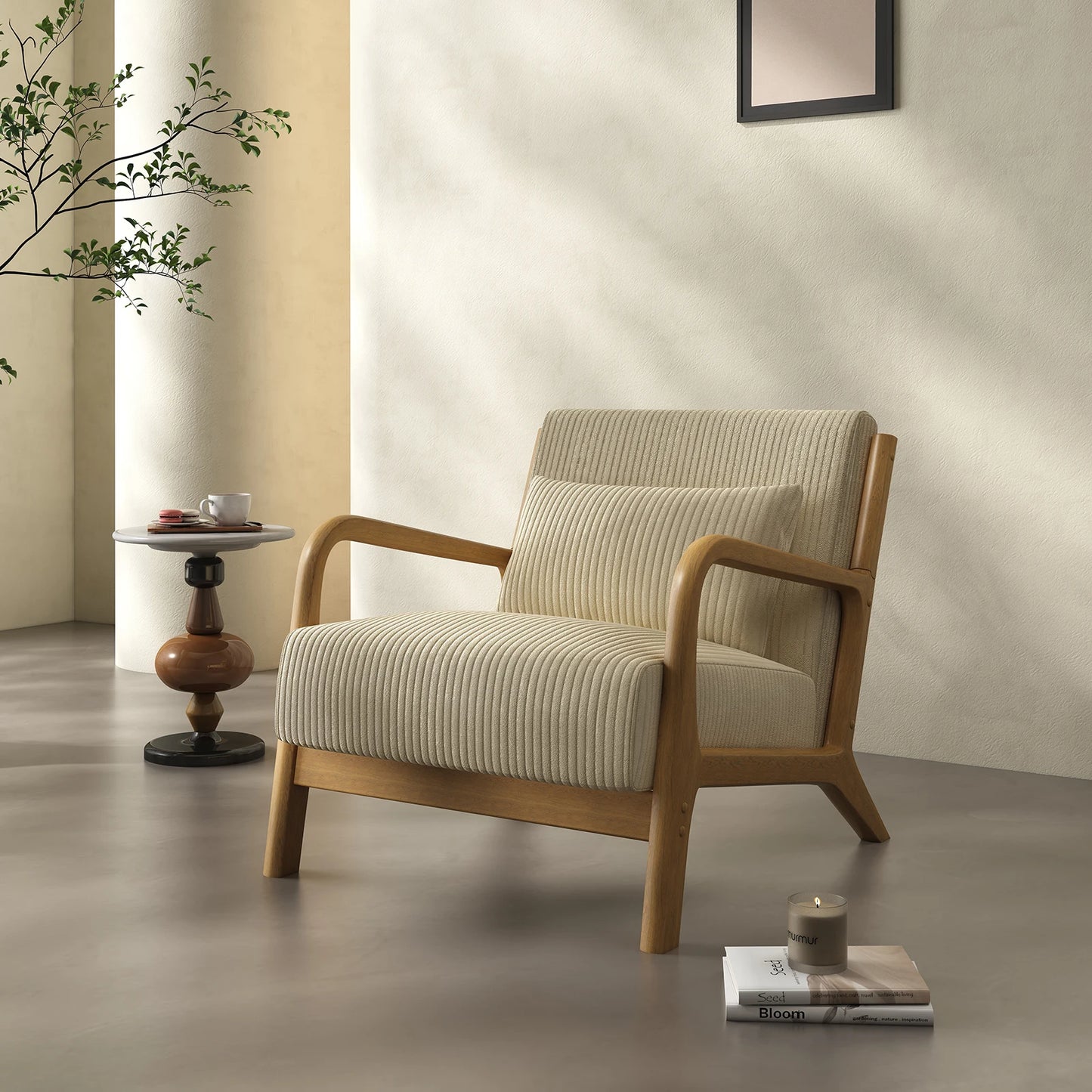 Mid Century Modern Accent Chair, Comfy Fabric Reading Chair with Solid Wood Frame