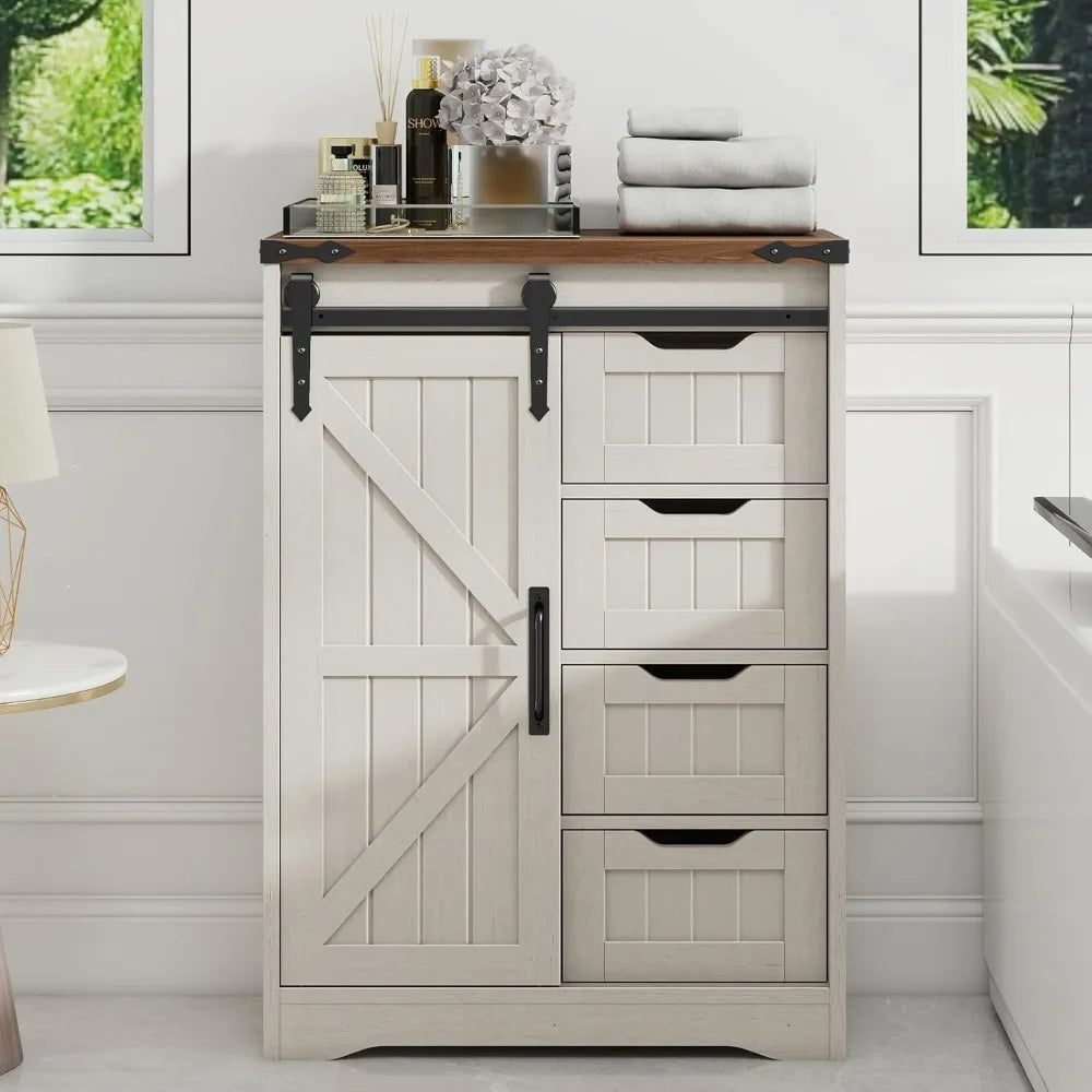 Farmhouse Bathroom Cabinet with Sliding Door & 4 Drawers, White