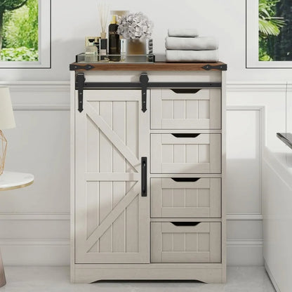 Farmhouse Bathroom Cabinet with Sliding Door & 4 Drawers, White