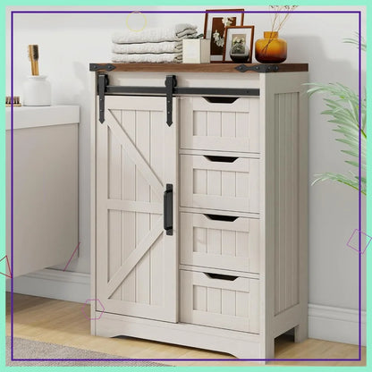 Farmhouse Bathroom Cabinet with Sliding Door & 4 Drawers, White