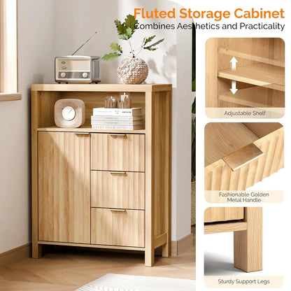 Storage Cabinet with Fluted Door and 3 Drawers