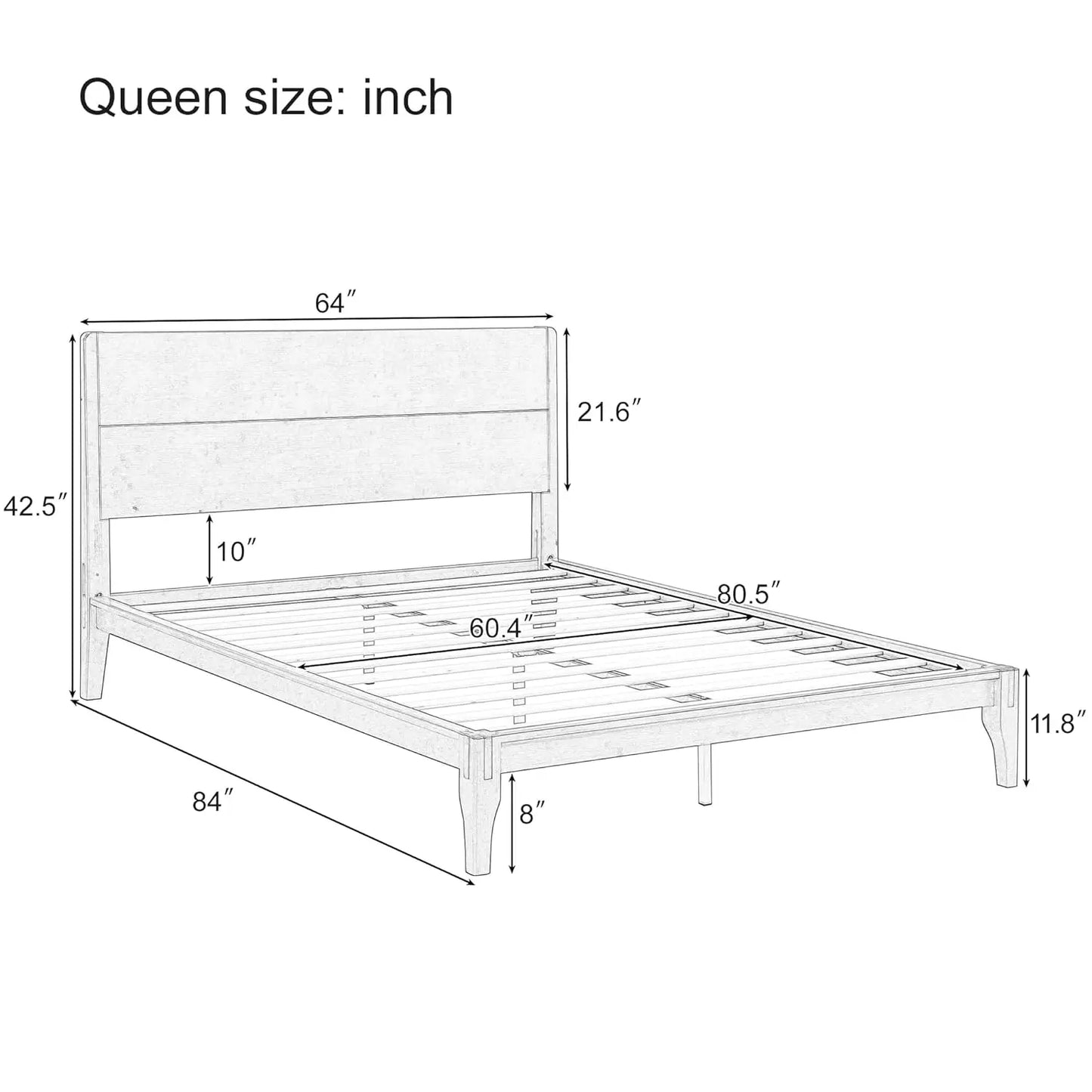 Queen Size Bamboo Platform Bed, Mid-Century Modern Bed Frame with Tall Headboard