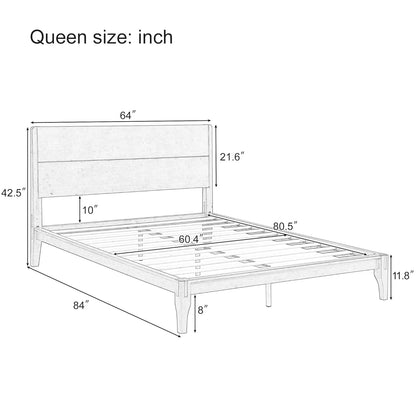 Queen Size Bamboo Platform Bed, Mid-Century Modern Bed Frame with Tall Headboard