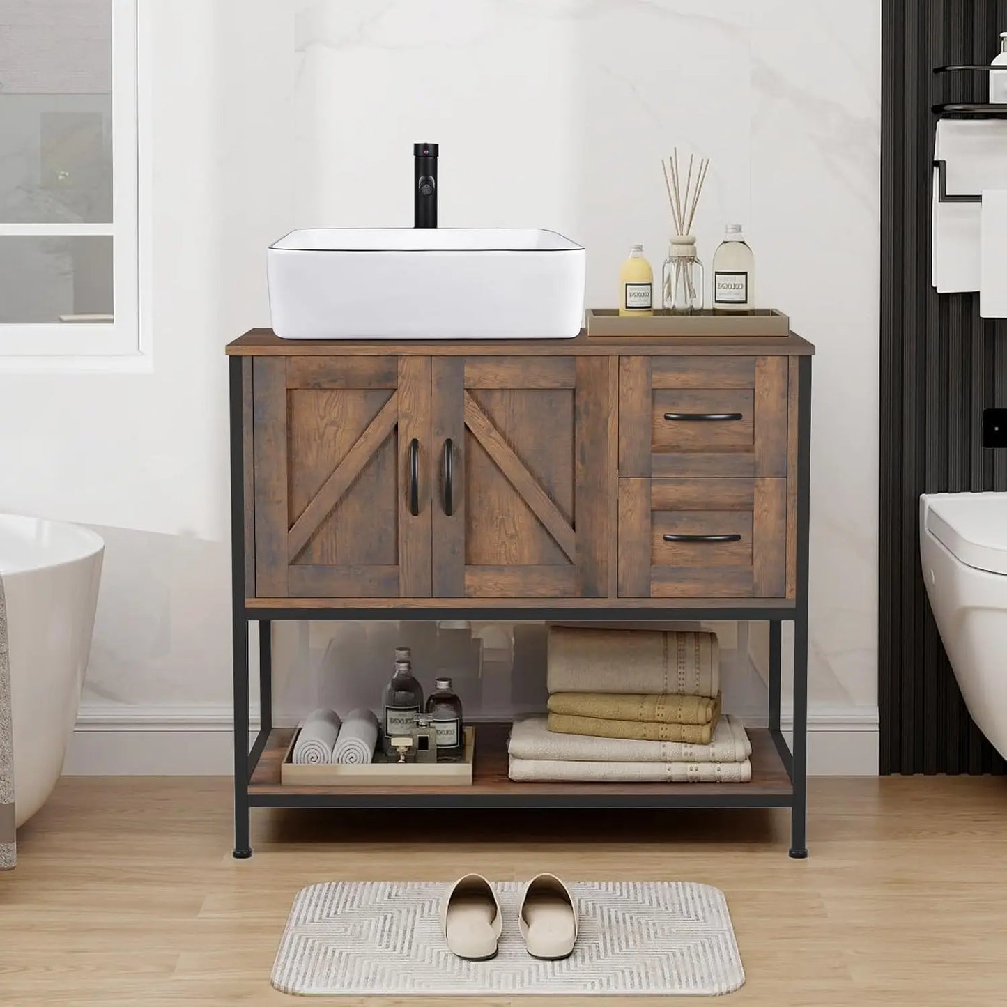 Rustic Farmhouse Bathroom Vanity with Ceramic Vessel Sink Combo Cabinet