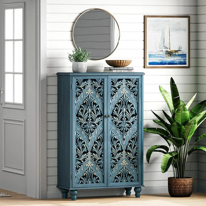 47" Tall Accent Cabinet with Navy Blue Mandala Carved Doors
