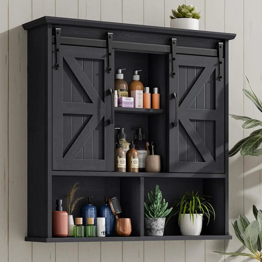 Vintage Wooden Wall-Mounted Medicine Cabinet with Double Sliding Barn Doors and Adjustable Shelves