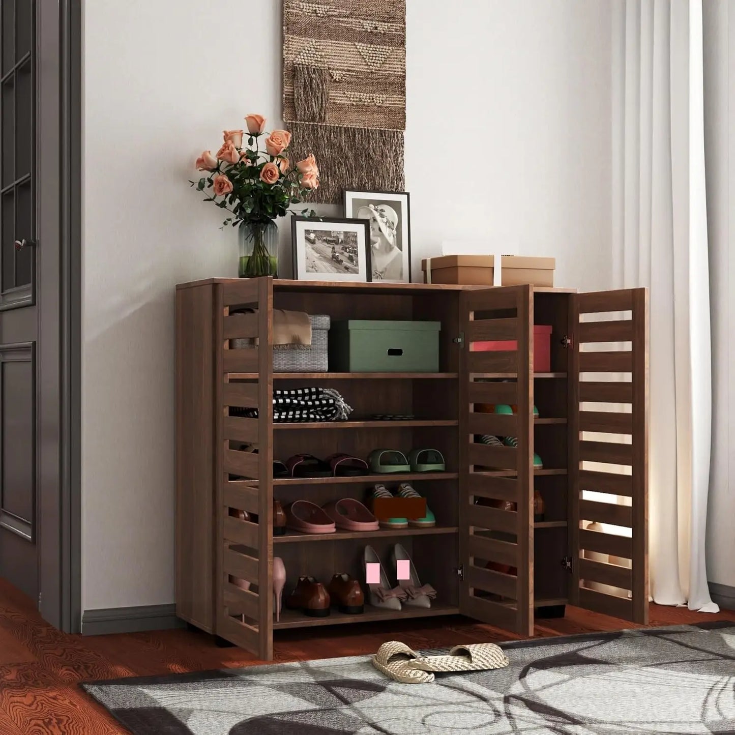Retro Elegant Shoe Cabinet, 5-Tier Storage Cabinet with Adjustable Shelves, for Entryway Hallway Bedroom