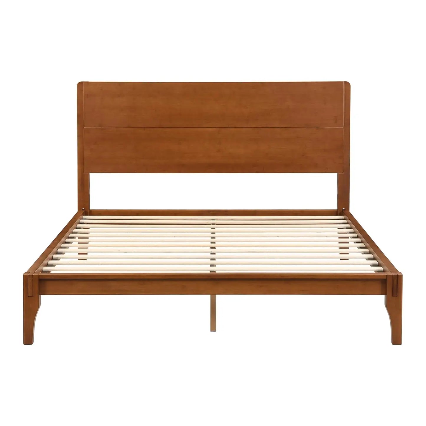 Queen Size Bamboo Platform Bed, Mid-Century Modern Bed Frame with Tall Headboard