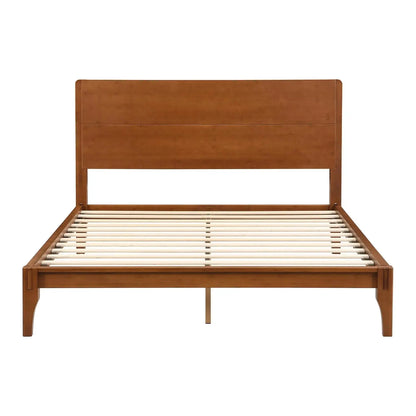 Queen Size Bamboo Platform Bed, Mid-Century Modern Bed Frame with Tall Headboard