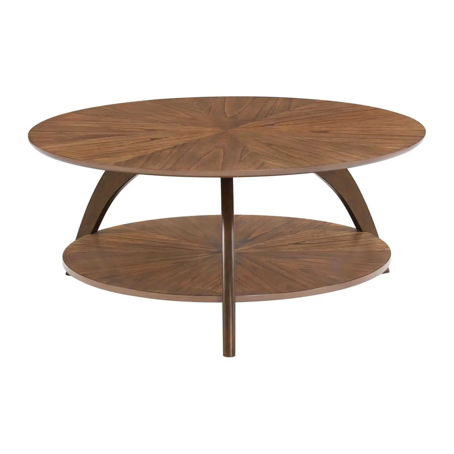 Round Wood Coffee Table with Lower Shelf,Cocktail Table for Living Room or Den. Caramel Brown with Walnut Brown Legs, Customized