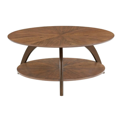 Round Wood Coffee Table with Lower Shelf,Cocktail Table for Living Room or Den. Caramel Brown with Walnut Brown Legs, Customized